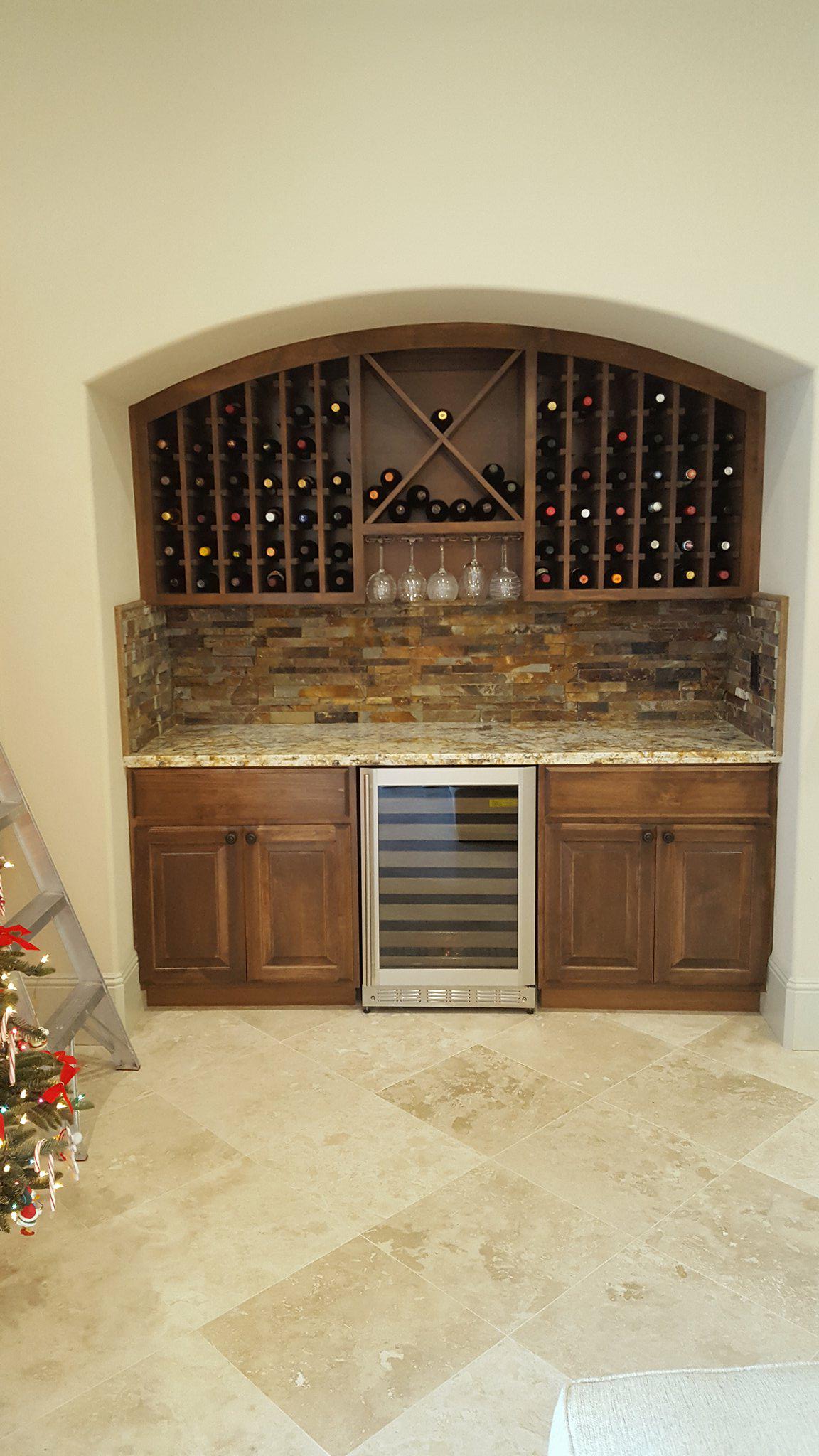 Custom stacked-stone tile wine nook installed by Start Tile in Manteca